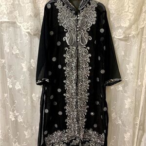 Elegant Black and Silver Embroidered Kaftan/Kameez Three Piece